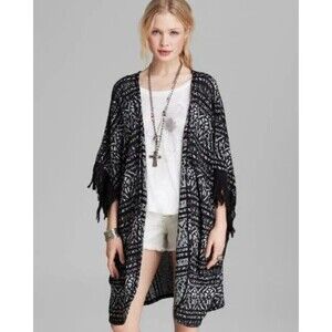 Free People fringe cardigan kimono M/L black gray ASO Selena Gomez